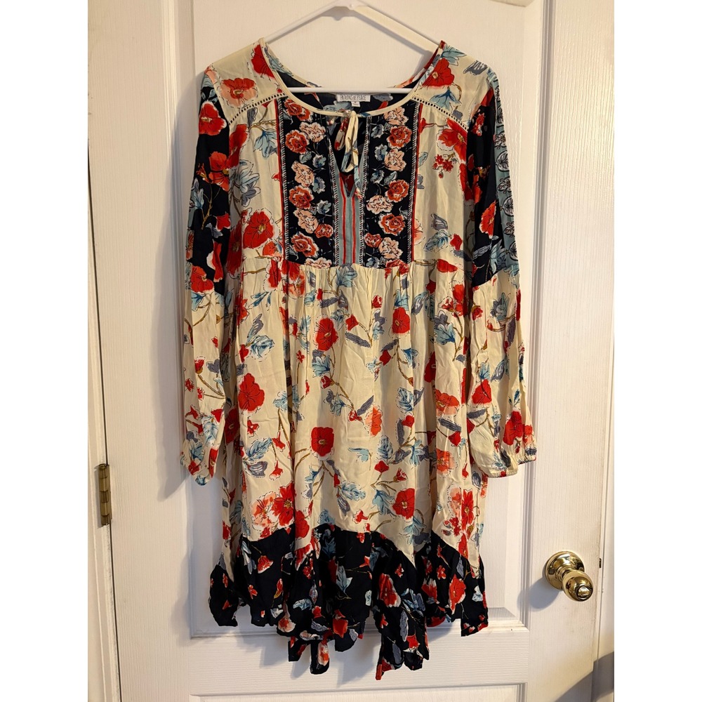 Patrons of Peace Womens Floral Boho Mini Dress Long Sleeve Tie Neck Red Blue M